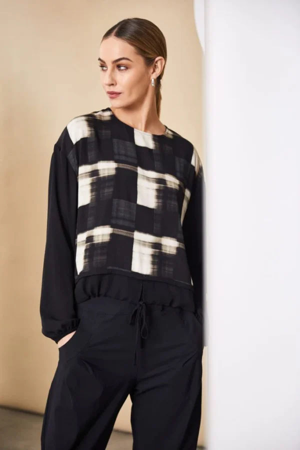 NAYA Block Patterned Top with Chiffon Sleeves